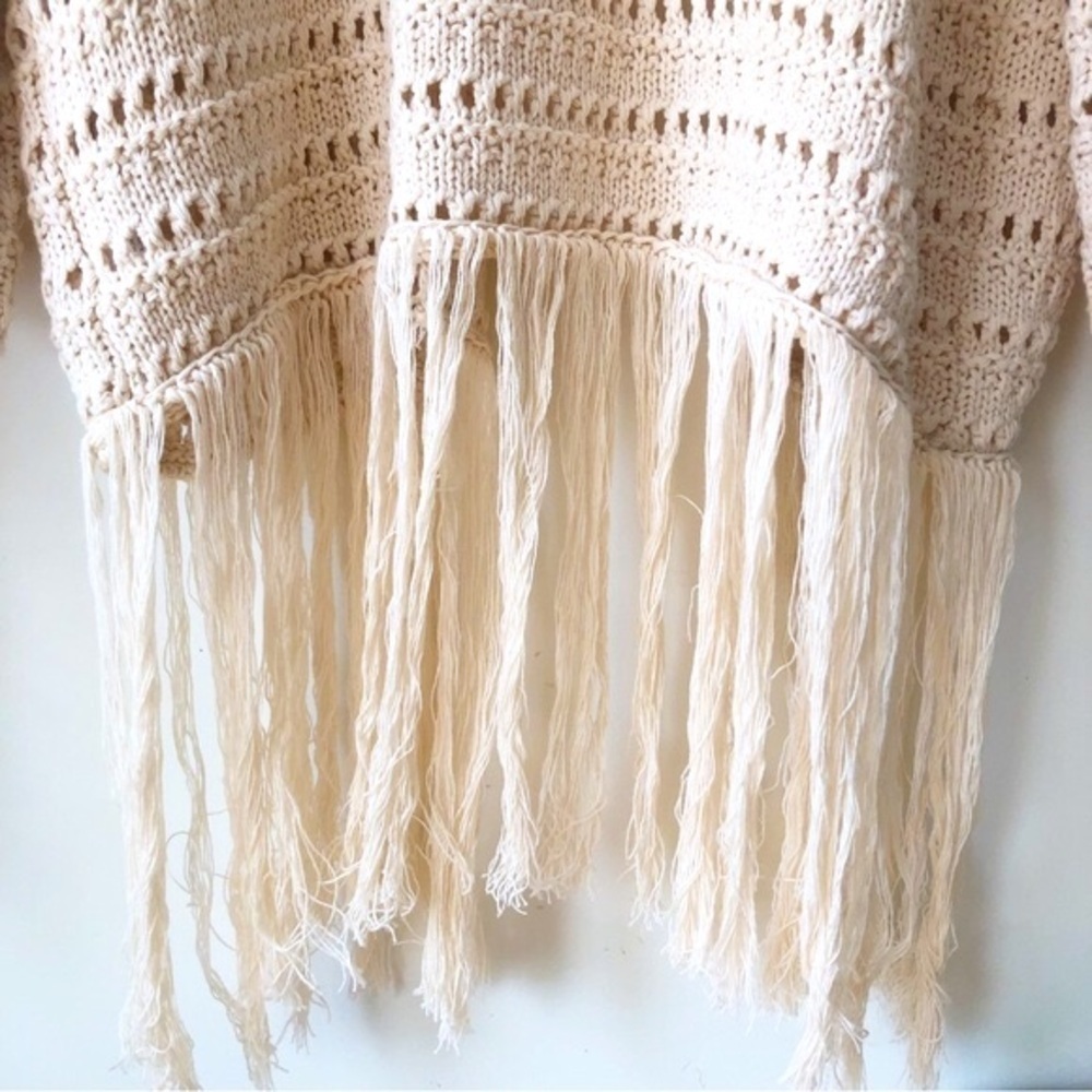 Crochet Knit Fringe Cardigan Boho Dreams by Gilli Natural Beige Size Medium - Picture 9 of 14